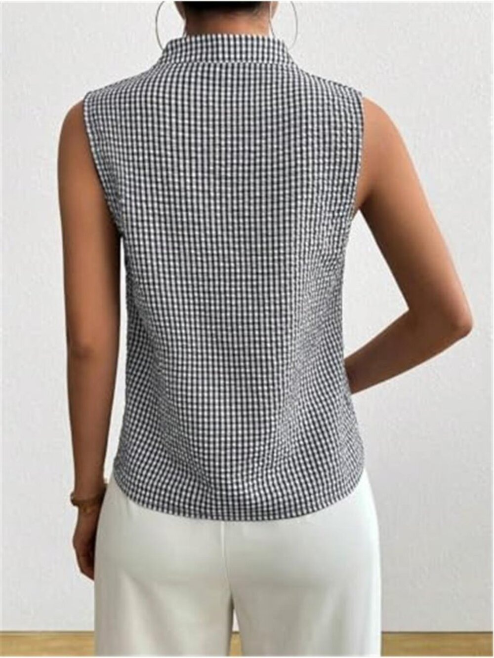 Women's Deep V Neck Black & White Sleeveless Work Tops Tank Tops Blouse - Picture 2 of 6